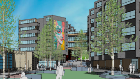 A rendering showing a large new district with many building near grided streets and the Beltline in Southwest Atlanta. 