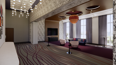 A rendering showing the interiors of a fancy new events space with hundreds of chairs and a chandelier and many paintings on the walls.