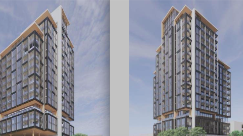 A rendering showing a white and glassy condo tower from multiple angles against a blue sky in Atlanta.