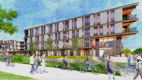 A rendering of a large apartment complex under blue skies with a modern aesthetic near a walking trail in Atlanta.