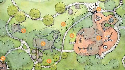 An image of a large city greenspace shown with new decking and a new large playground near a large field and many trees.