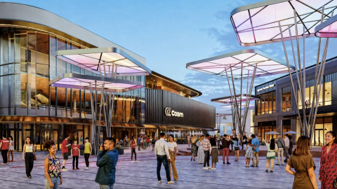 A rendering of a large development project under blue purple skies in Atlanta near large light sculptures.