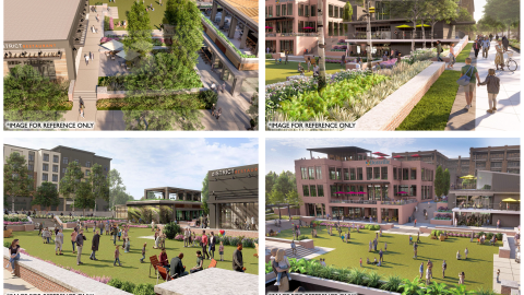 An image with many scenes from a new downtown planned for Doraville near Atlanta with wide sidewalks and new buildings. 