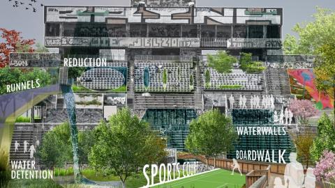 A rendering of an old abandoned stadium in Atlanta with new sports courts and walking trails and meadows and much graffiti on it.