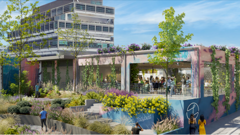 A rendering under blue skies with an outdoor restaurant and bar space consuming a warehouse area in the shadow of many high-rises in Atlanta.