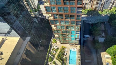 A view from a high floor of a new bronze-colored high-rise in Atlanta Georgia.