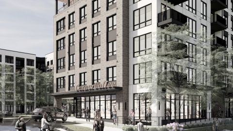 A rendering showing a large brown and white stack of news apartments under gray skies near wide streets north of Atlanta.