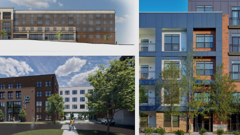 An image showing an apartment complex site just west of downtown Atlanta where a building is proposed on an empty lot near two streets.