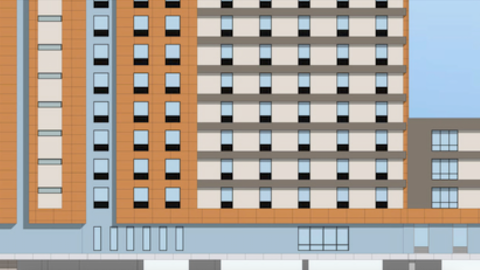 A rendering of a orange beige and black new hotel under blue skies on a wide road in Atlanta Georgia. 