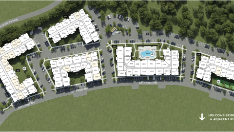 An overview of a new upscale apartment community in suburban Atlanta with a large pool and coworking space and apartments with large kitchens.