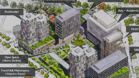 An image a huge development site in Atlanta with multiple buildings near wide roadways and green trees.