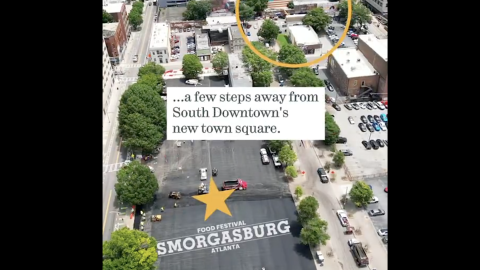 An aerial image showing a large parking lot area where a new food festival is planned in Atlanta, Georgia.