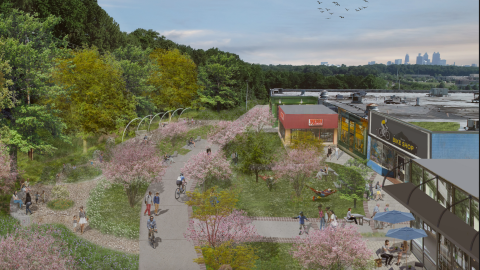 An image outlining a new system of Atlanta trails for bikes and pedestrians near many trees and low buildings.