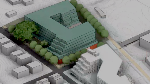 A rendering of a large green blocky building near a white one along the Beltline trail in Atlanta in a neighborhood.