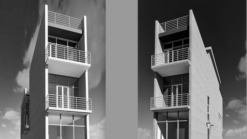 An image of a slim yard site in Atlanta where a tall four-story modern house is proposed with black and white images and many balconies.