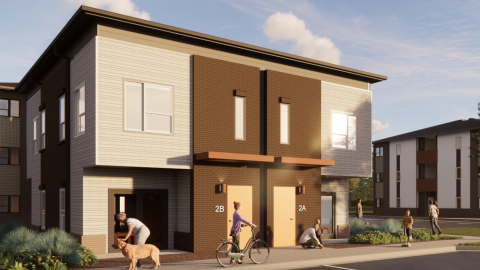 A rendering for a brick and siding low-rise residential building under blue-gray skies near Atlanta.