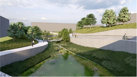 An image of a site where a park with many trails and bridges and seating areas and a large pond is planned, next to many new buildings.