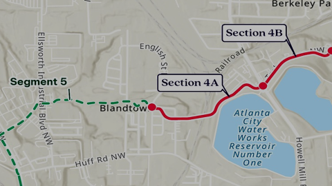 An image showing a large map of a long trail running through Atlanta near many neighborhoods and streets.