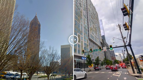  a photo of Midtown Atlanta with many buildings showing how wide streets and perspectives on how many parking lots, vacant parcels have disappeared