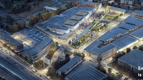A huge greenspace in Atlanta shown in a rending with blue skies beyond. 