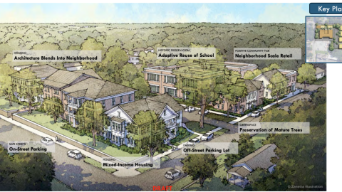 A rendering of many new buildings with trees around and wide streets nearby. 