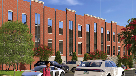 A rendering of a large brick parking deck under blue skies near many cars and trees in a suburban downtown near Atlanta. 