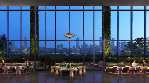 A rendering of a large brown skyrise with green elements hanging off it and a large skyline in the distance.
