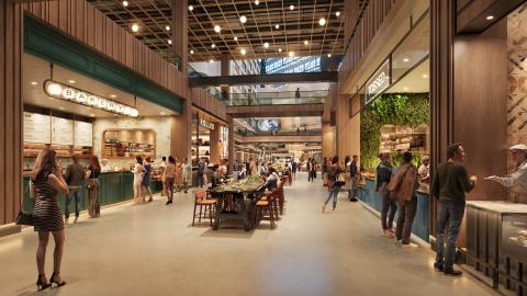 A rendering of a large food hall space with woods and many counter and a large atrium in the background in downtown Atlanta.