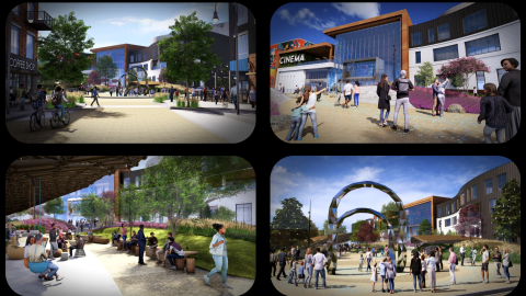 A series of renderings showing a large plaza near many new buildings under blue skies south of Atlanta, beside wide streets.