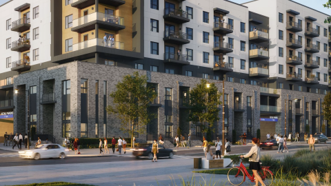 A rendering of a large new three-building development with brick and glass and stucco under blue skies in Atlanta.