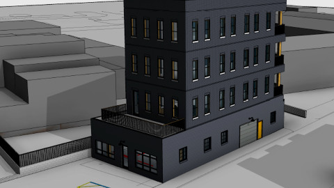 A rendering of a new timber-built building over a coffee show with black paint and expose wood near many streets and smaller buildings.