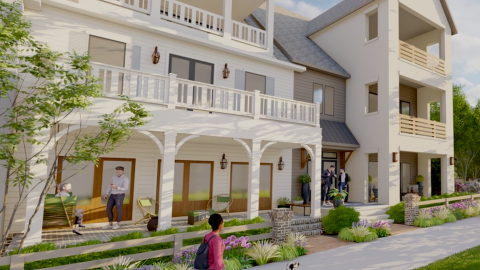 An image of luxury townhomes under blue skies on a huge lake in Georgia near many streets, with big porches and little yards.
