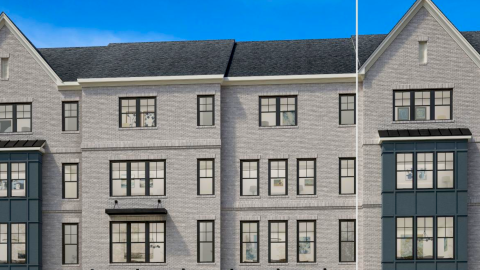 A large townhome building on a site in Atlanta under blue skies near many leafy neighborhoods, with a large pool and cabanas. 