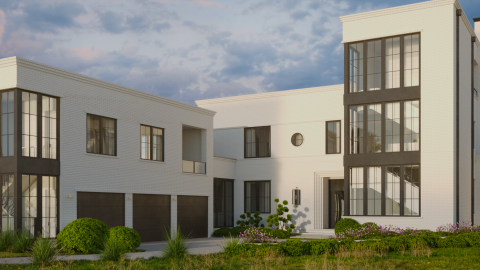 A rendering of a large modern new brick house under blue skies and clouds south of Atlanta.