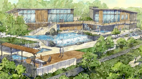 A rendering of a nice spa in the middle of many trees with a pool in the middle and many mountains around in North Georgia.