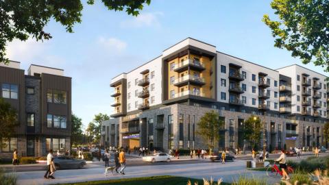 A rendering of a large new three-building development with brick and glass and stucco under blue skies in Atlanta.