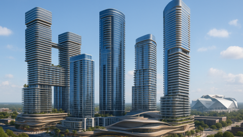 A rendering possibly AI-generated of a six-tower megaproject near downtown Atlanta under blue skies with Mercedes-Benz Stadium in the background.