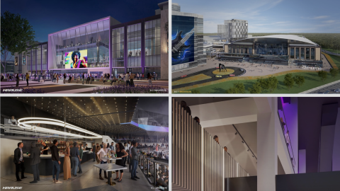 A photo collage showing a new arena and other aspects of development under blue gray skies.