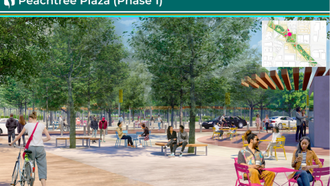 A rendering of a new park built over the top of a highway in Atlanta near many trees and plazas.