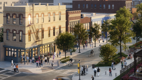 A rendering of a row of new old buildings in downtown Atlanta with many trees. 