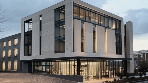 A rendering of a modern-style mixed use building near a wide lot and street under gray skies. 