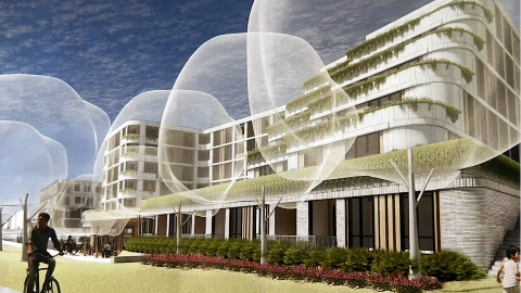 A rendering showing a building with rounded edges and many level near a wide walking and biking trail under blue skies in Atlanta.
