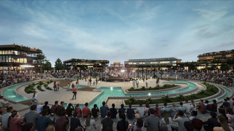 A rendering of a large new town center concept under blue skies with many buildings trees and pools around, in a city near Atlanta.