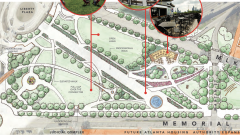 An image showing a large new park with many features beside wide roads with many trees near downtown Atlanta.
