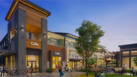 A rendering of a large new complex under blue purple skies with many new apartments and shops, near a wide road.