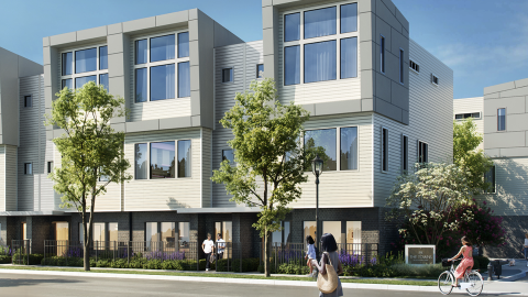 A rendering for a large new townhome project with three stories and large windows near wide streets in Atlanta, Georgia.