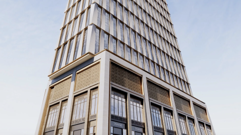 A rendering of a beige and glass apartment tower planned for a corner site in downtown Atlanta.