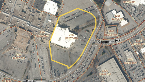 An aerial photo of a large mall site in suburban Atlanta where redevelopment is planned on former parking lots.
