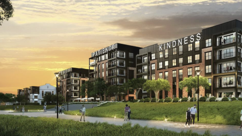 A rendering of a new large apartment and townhome community near a wide walking path in southwest Atlanta under orange-blue skies near many trees.