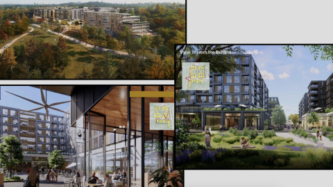 A rendering of a large new development in Atlanta under dark blue skies.